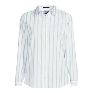 Lands' End Women's No Iron Cotton Long Sleeve White and Green Striped Shirt 14 P